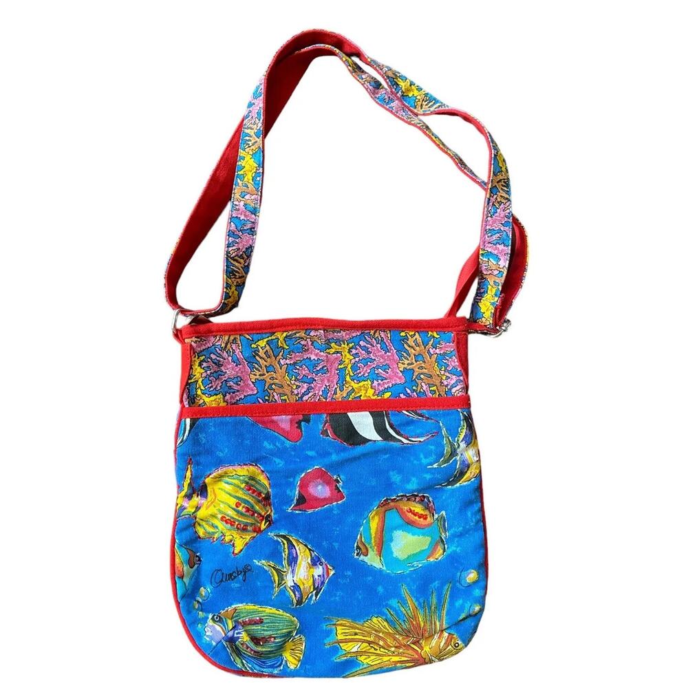 Anne Ormsby Tropical Fish Crossbody Bag Canvas Purse Beach Red Blue Sling Red